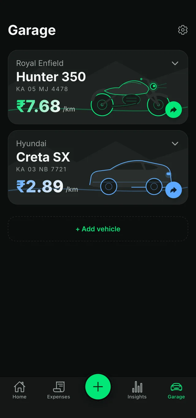 TrueKM garage screen listing a Hunter 350, a Creta and an M5, each with its own colour and running cost